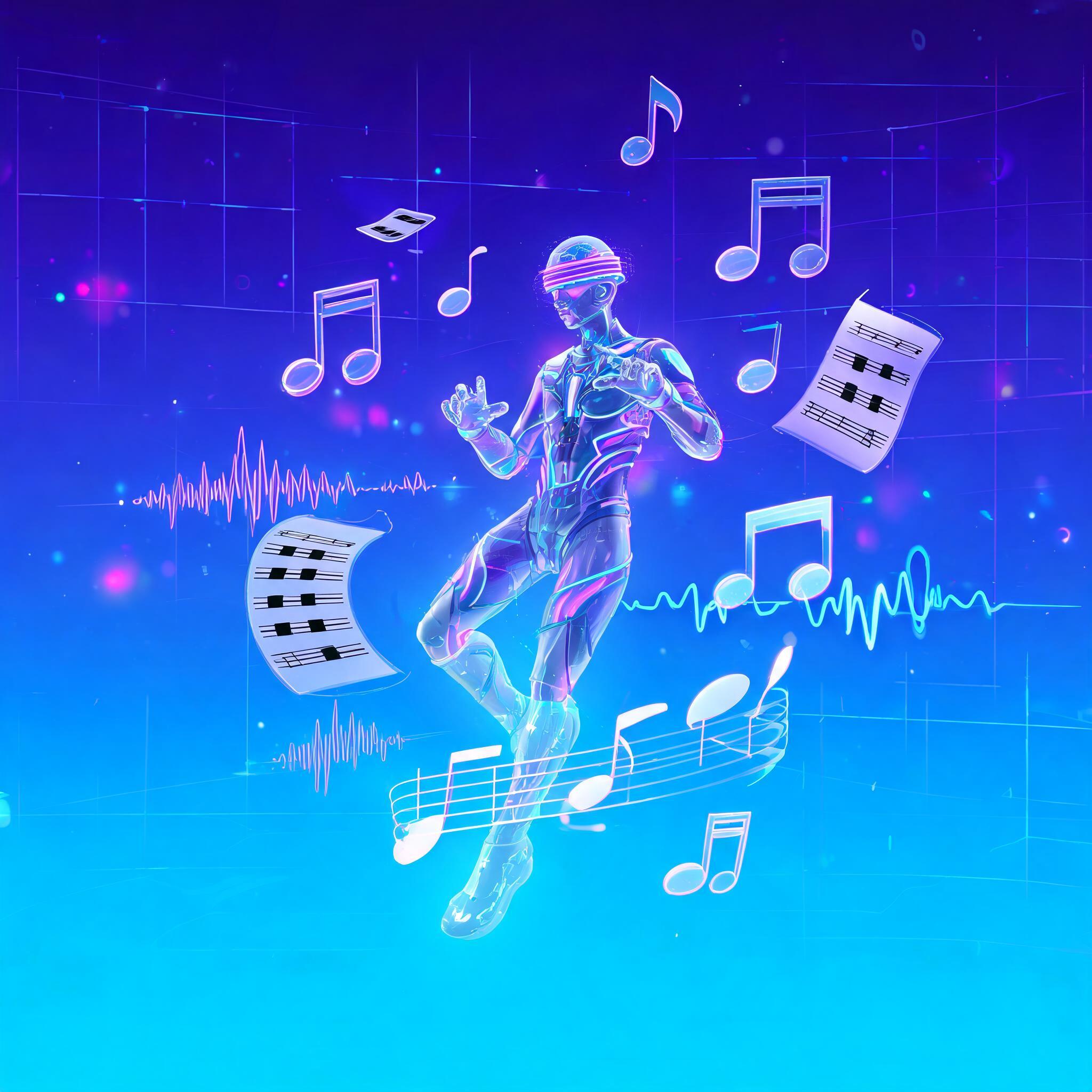 AI音乐创作界面示意图，电脑屏幕上显示AI音 乐生成工具操作页面，旁边有音符和耳机元素